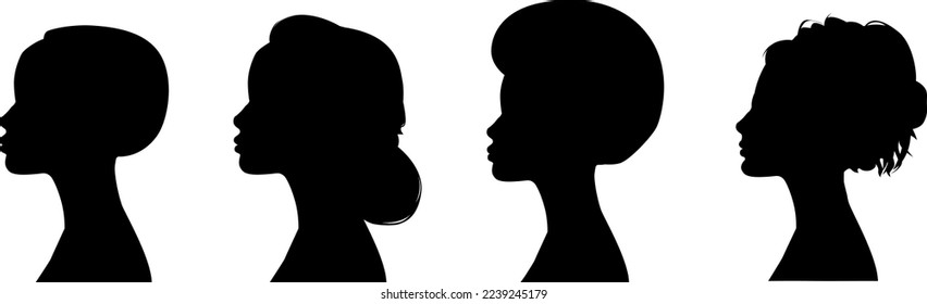 a sign of several female silhouettes in profile. vector on isolated background. turn. number. diversity young women for poster or text. elegant background as well.