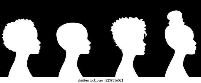 a sign of several female silhouettes in profile. vector on isolated background. turn. number. diversity young women for poster or text. elegant background as well.
