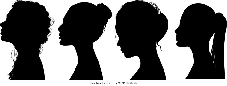 a sign of several female silhouettes in profile. vector on isolated background. turn. number. diversity young women for poster or text. elegant background as well.