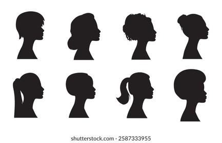 a sign of several female silhouettes in profile. vector on isolated background. turn. number. diversity young women for poster or text. elegant background as well.