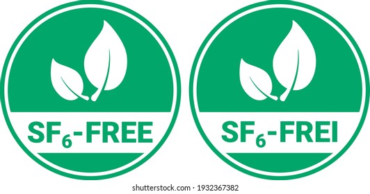 Sign SF6-free, no sulfur hexafluoride product badge in English and German