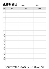 Sign Up Sheet Printable, template or event planning