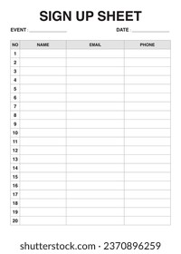 Sign Up Sheet, template for event planning printable - Shutterstock ID 2370896259