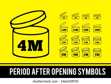 The sign of the shelf life of cosmetics and other goods. Period after opening. PAO. Set of icons of various thicknesses and with different angles for your design. Vector illustration 