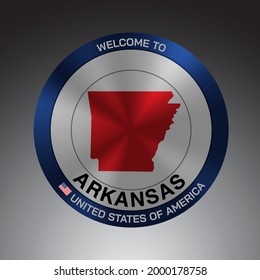 The Sign Shield style United states of America with message, Arkansas and Red map on Grey Background vector art image illustration.