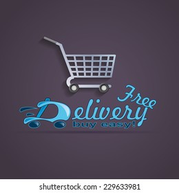 Sign of the shopping cart and template logo for shop with free delivery on a dark background.