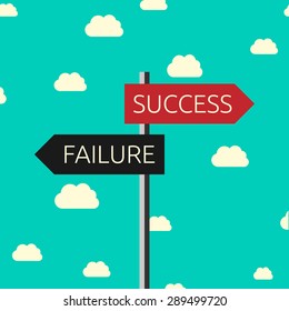 Sign showing directions to success and to failure on sky background. Choice, success, faith and motivation concept. Flat style. EPS 10 vector illustration, no transparency