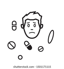 sign, sick man lies near pills, illness season, vector Illustration on a white background