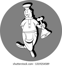 Sign, signboard. The character from the set of cook for the decoration of a restaurant, cafe. A cheerful chef in uniform and cap dances with a large piece of meat on the bone. Vector illustration.