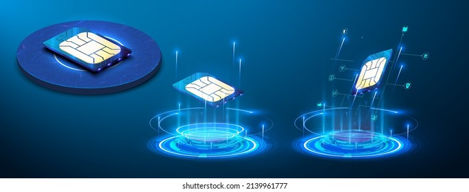 Signo del chip de la tarjeta sim. Proyección holográfica. una nueva e innovadora tarjeta SIM. Concepto de SIM empotrado. Nueva tecnología de comunicación móvil y placa de circuito de fondo del procesador. Vector