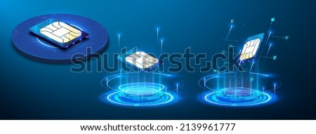 Sign of the sim card chip. Holographic projection. a new modern innovative SIM card. Embedded SIM concept. New mobile communication technology and processor background circuit board. Vector