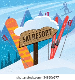 The sign "ski resort" shows on peak and nearby a sports equipment in snow - invite concept. Vector illustration