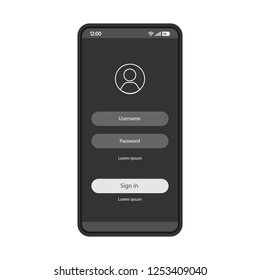 Sign in smartphone page vector template. Mobile app interface black design layout. Login, sign up screen. Flat UI. Application registration, authorization. Phone display with password and username