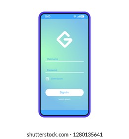 Sign in smartphone page vector template. Mobile app interface blue design layout. Login, sign up screen. Flat UI application. User registration, authorization. Phone display with password and username