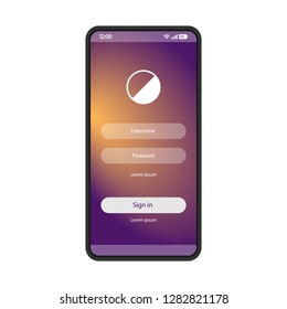 Sign in smartphone page vector template. Mobile app interface blue design layout. Login, sign up screen. Flat UI application. User registration, authorization. Phone display with password and username