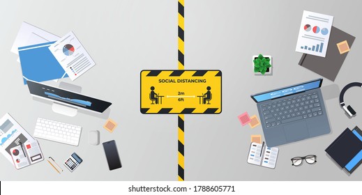 sign for social distancing coronavirus epidemic protection measures concept yellow sticker on workplace desk top angle view horizontal vector illustration