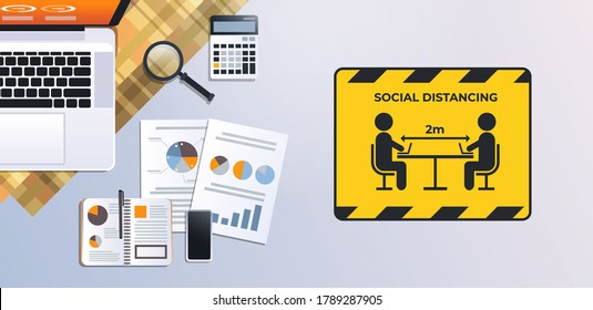 sign for social distancing coronavirus epidemic protection measures concept yellow sticker on workplace desk top angle view horizontal vector illustration