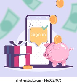 Sign in social media post mockup. Internet advertising web banner design template. Profitable offer social media booster, content layout. Promotion poster, print ads with flat illustrations