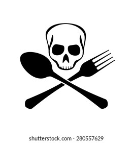 Sign of spoons, forks and skull. Vector Image.
