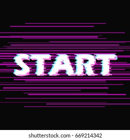 Sign start with distorted glitch effect. Trendy style lettering typeface. Word start in dark linear design noise. Digital image data distortion Vector illustration stock vector.