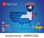 Sign of State American in Road Style on Map USA.
NEW YORK State with Information Area Ranked & Capital City Name, vector art image illustration