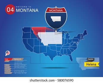 Sign of State American in Road Style on Map USA.
MONTANA State with Information Area Ranked & Capital City Name, vector art image illustration