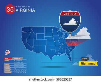 Sign of State American in Road Style on Map USA.
VIRGINIA State with Information Area Ranked & Capital City Name, vector art image illustration