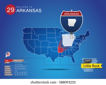 Sign of State American in Road Style on Map USA.
ARKANSAS State with Information Area Ranked & Capital City Name, vector art image illustration