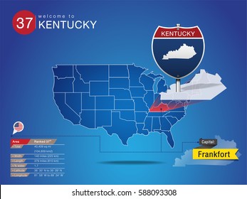 Sign of State American in Road Style on Map USA.
KENTUCKY State with Information Area Ranked & Capital City Name, vector art image illustration