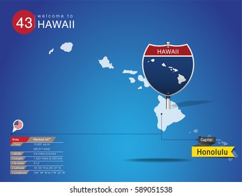 Sign of State American in Road Style on Map USA.
HAWAII State with Information Area Ranked & Capital City Name, vector art image illustration
