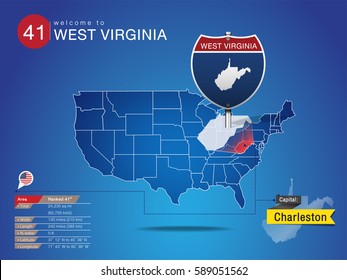 Sign of State American in Road Style on Map USA.
WEST VIRGINIA State with Information Area Ranked & Capital City Name, vector art image illustration
