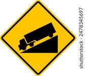 Sign steep descent. Warning yellow diamond road sign. Dangerous hill. Control the speed of the car. Shift to a lower gear. Diamond road sign. Rhombus road sign.