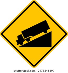 Sign steep descent. Warning yellow diamond road sign. Dangerous hill. Control the speed of the car. Shift to a lower gear. Diamond road sign. Rhombus road sign.