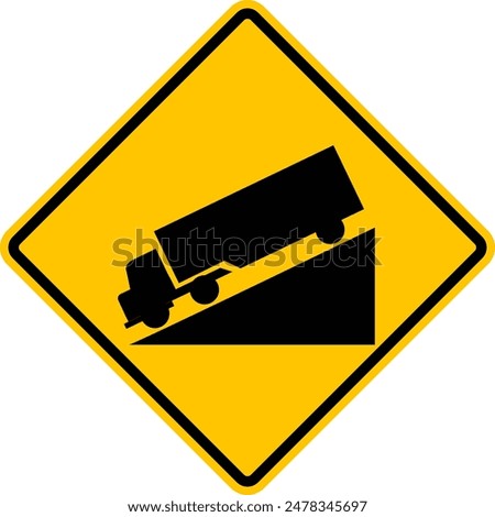 Sign steep descent. Warning yellow diamond road sign. Dangerous hill. Control the speed of the car. Shift to a lower gear. Diamond road sign. Rhombus road sign.