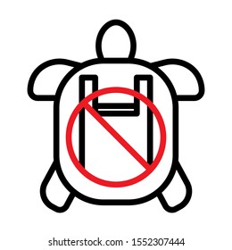 Sign of stop plastic pollution  placed on the middle of turtle. Stop using plastic bags for saving the sea turtles. Line vector. Isolate on white background.