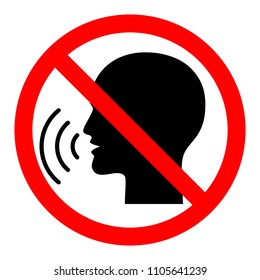 Sign stop talking. Red prohibition sign on black talking head. Isolated icon on white background. Vector