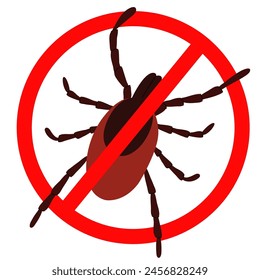 A sign stop the tick. A crossed-out warning sign about ticks.Tick insect. Vector illustration of a warning sign about ticks.