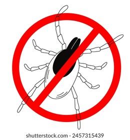 A sign stop the tick. A crossed-out warning sign about ticks.Tick insect. Vector illustration of a warning sign about ticks.