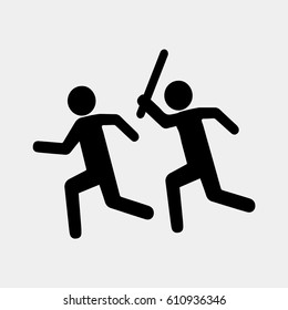 Sign stop violence. One symbolically man runs after another with a stick for the purpose of attack. Flat design. Suitable for print or sticker. Vector illustration isolated from background.