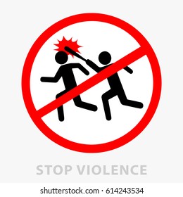 Sign stop violence. One symbolically drawn person catches up and beats another with a stick. Can be used as a print or as a sticker. Flat style. Vector illustration isolated from background.