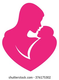 Sign stylized mother hugs baby logo symbol of motherhood vector illustration