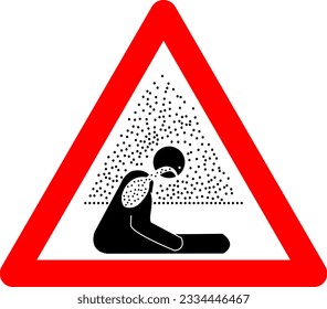 Sign suffocating atmosphere. Air pollution warning sign. Red triangle sign with a silhouette a seated person in pollution fumes. Caution suffocating air. Beware polluted air. Asphyxiating atmosphere.