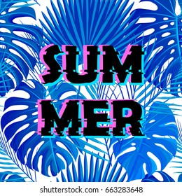 Sign summer sale with distorted glitch effect. Trendy style lettering typeface. Words summer sale with tropical exotic palm leaves. Digital image data distortion Vector illustration stock vector.