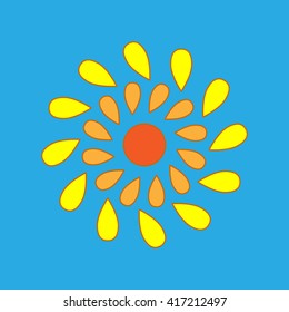 Sign of sun. Drop concept. Plane icon isolated on blue background. Colorfull sunlight logo. Sunshine symbol. Light flat silhouette. Weather mark. Stock vector illustration