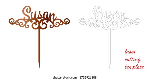 Sign 'Susan' cake toppers for laser or milling cut. Cut for decoration design. Name topper. Holiday greeting. Elegant decoration. Laser cut. Isolated design element