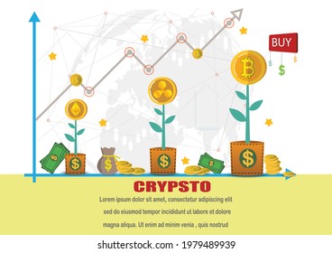 El signo o símbolo de bitcoin.Criptodivisa con y el gráfico de caída para bitcoin.Tecnologías de Blockchain, bitcoins, altcoins, mercado digital del dinero, banner vector y concepto de criptodivisa digital.