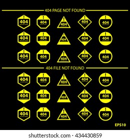sign and symbol of error 404 page not found and file not found on internet, black and yellow