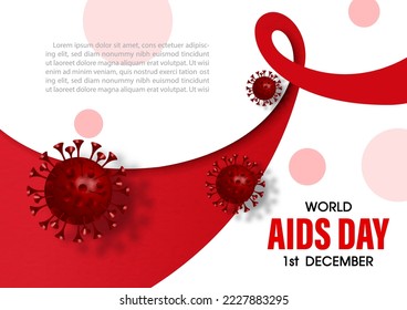 Zeichen und Symbol des Hiv-Virus im 3D-Stil auf dem Boden in einer roten Schleife mit dem Tag und Namen der Veranstaltung, Beispiel Text. World AIDS Day Plakatkampagne im 3D-Stil und Vektordesign.