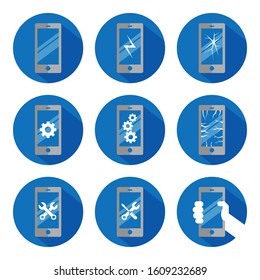 sign symbol mobile phone blue monochrome flat vector round button set settings work broke repair 