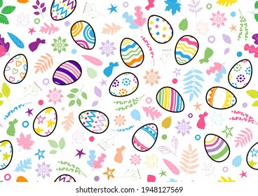 Sign and symbols of Easter day in doodle style and seamless pattern on white background. Seamless gift wrap and wallpaper of Easter day in vector design.